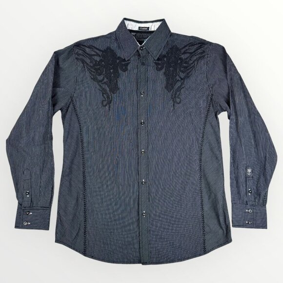 ROAR Classic Mens Pinstriped Embroidered Button Up Long Sleeve Black Shirt Large - Picture 1 of 8